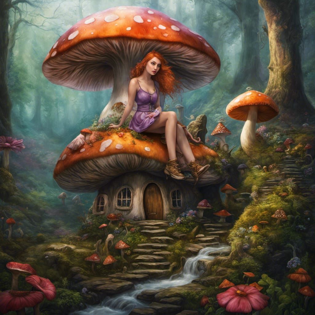 Fairy in Mushroom Village, Hyperrealistic Fairycore Art