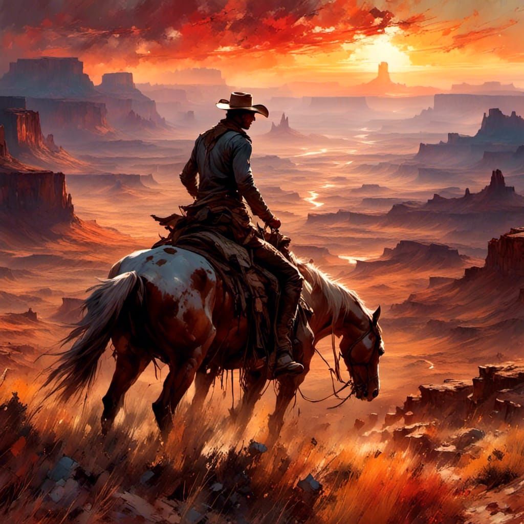 Cowboy Rides Into Sunset Prairie Vista