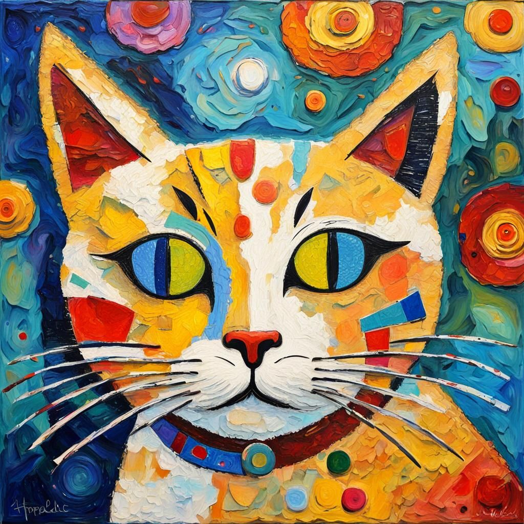 Abstract Folk Art Cat Face with Impasto Texture