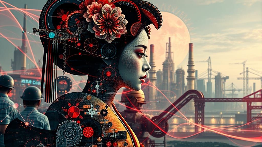 Surreal Industrial Geisha in a Vibrant Ethereal Oasis