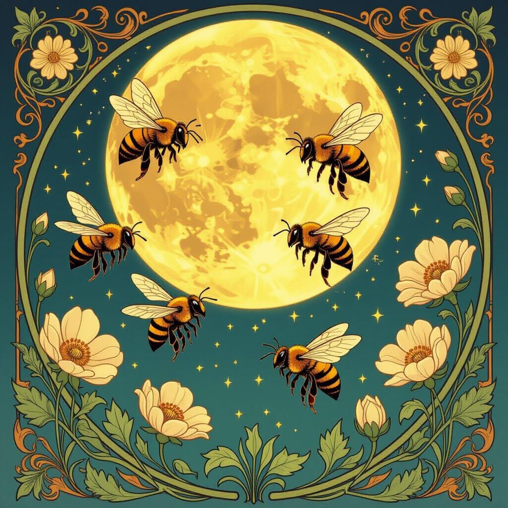 Art Nouveau Bees Collect Nectar Under Glowing Moon