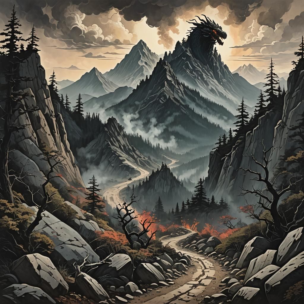 Dragon head at the top of mountain at end of a rugged trail.