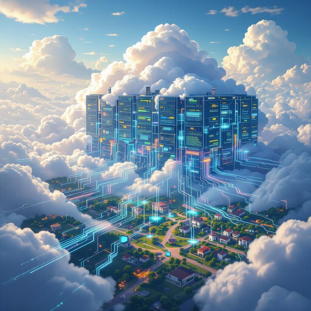 Server Farm in Clouds Above Landscape with Fiber Optics