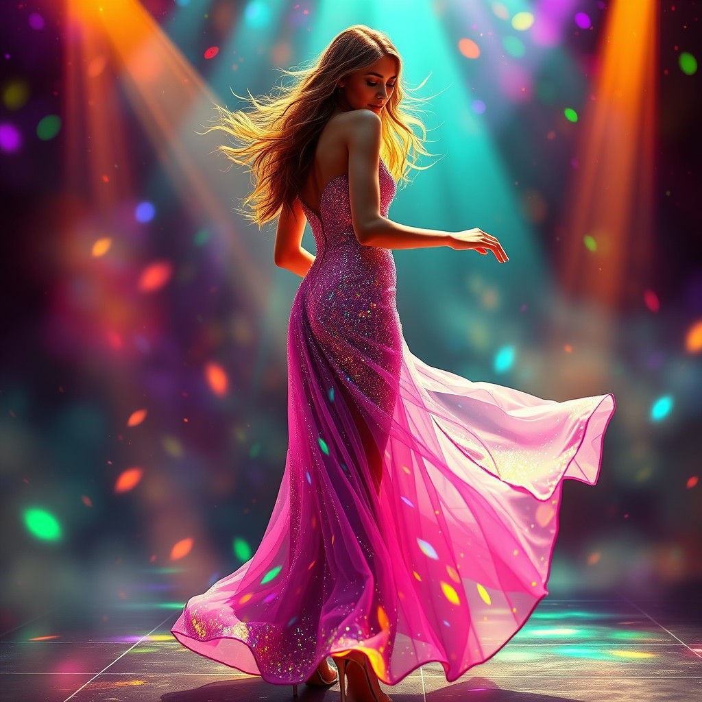 Woman Dancing in Dazzling Gown: Digital Oil Painting