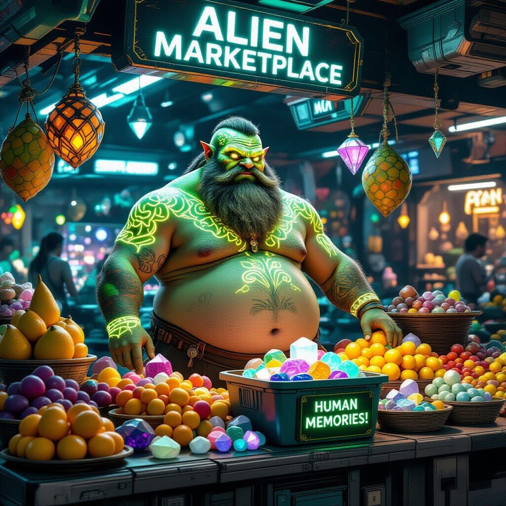 Alien Marketplace Stall with Glowing Vendor and Goods
