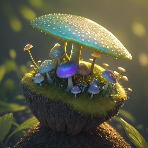 Fairy on Mushroom in Morning Light: Macro Photography