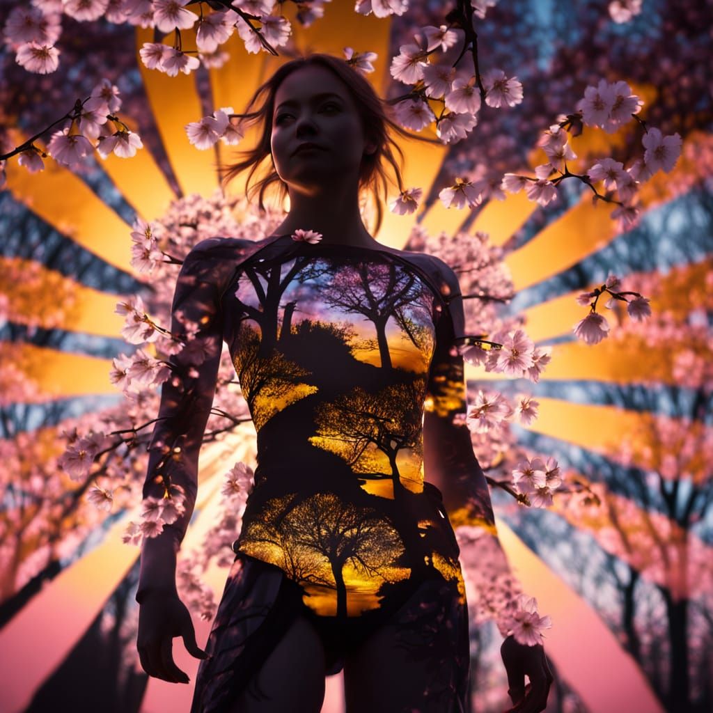 Angel of Sakura Blooms in Vibrant Spring Sunrise