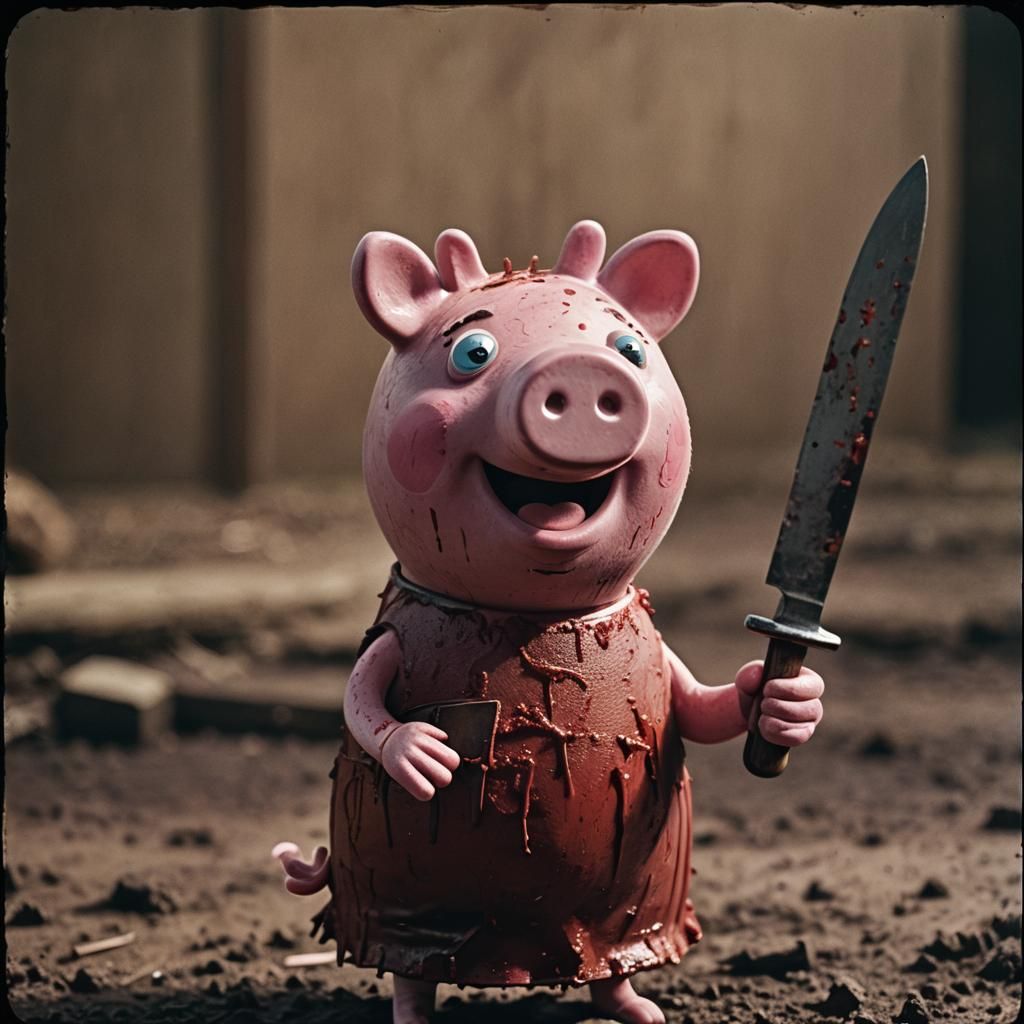 Peppa Pig with Bloody Knife: A Cinematic Still