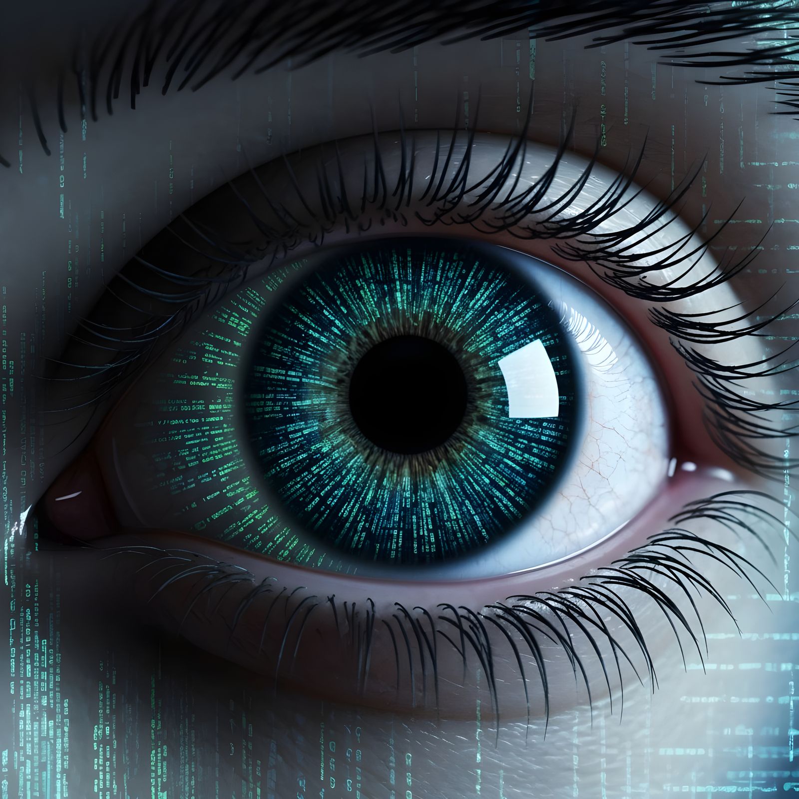 Hyperrealistic Eye Composed of Digital Code
