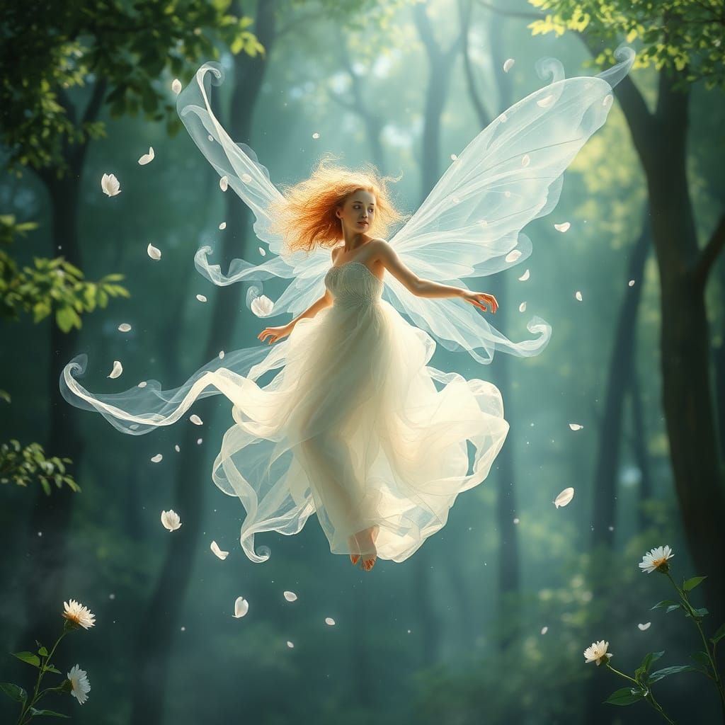 Ethereal Air Dryad in Sun-Dappled Forest Clearing