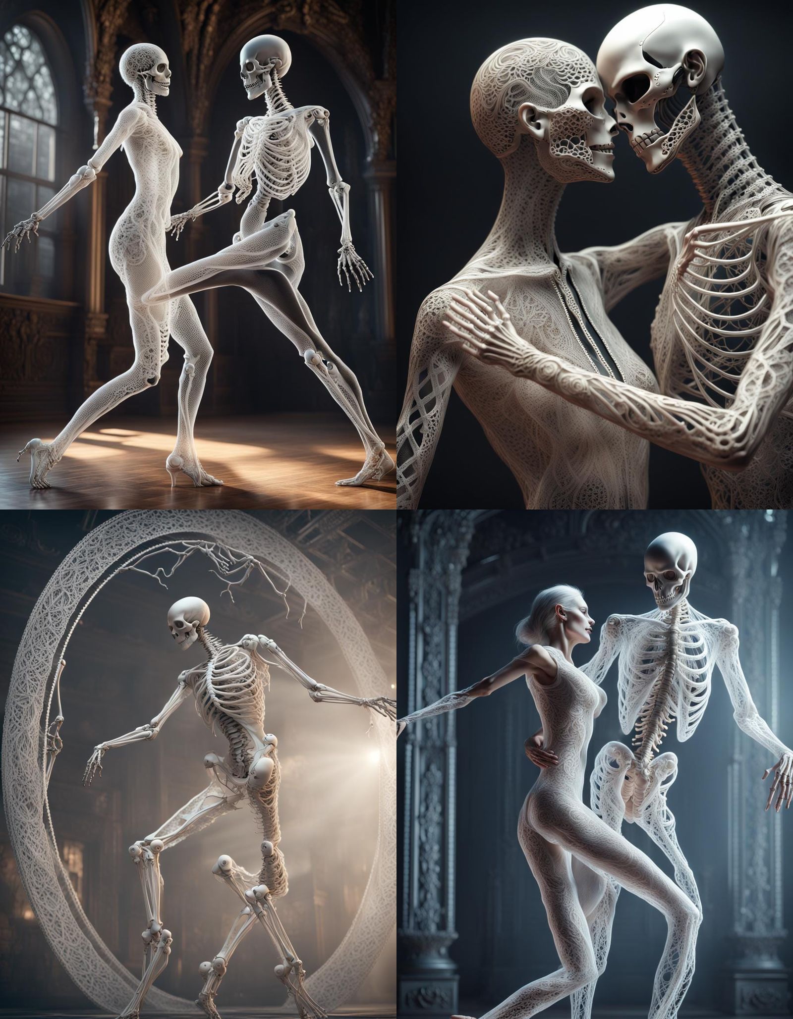 Lace Skeletons Tango in Gothic Cyberpunk Style