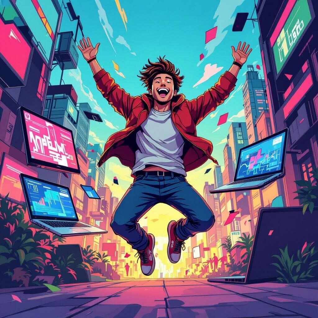 Excited Man Jumping for Joy in Cyberpunk Cityscape