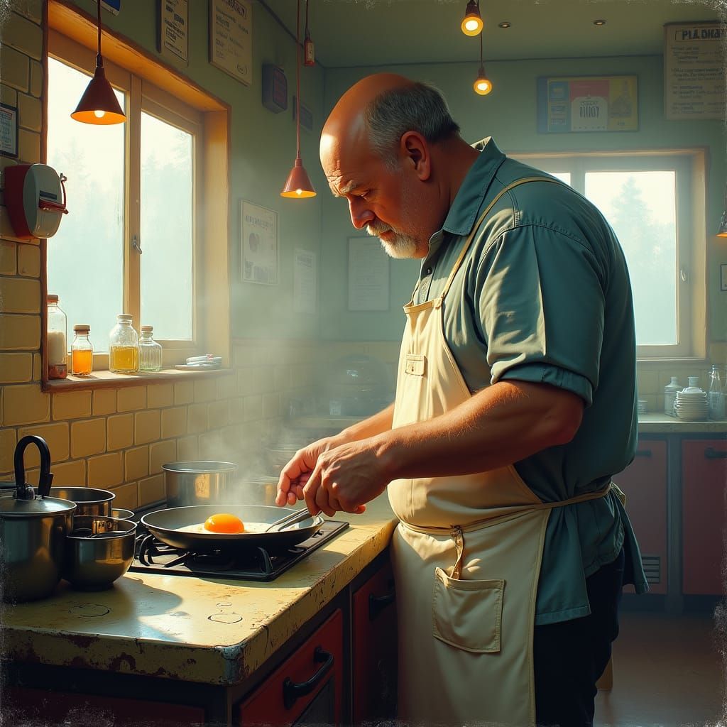 Man Cooking Egg in Greasy Spoon: Digital Oil Painting