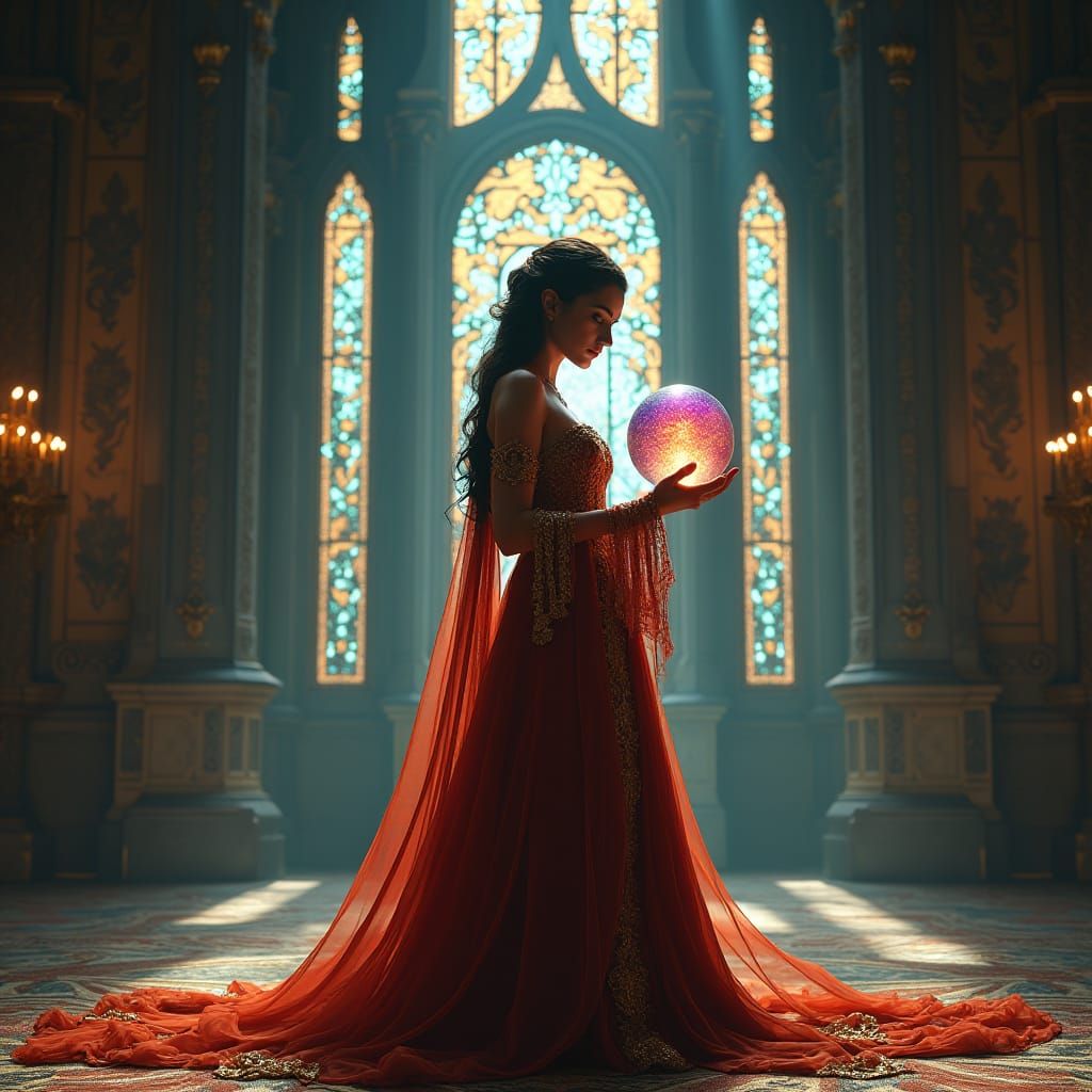 Mystical Lady Contemplating Crystal Ball in Gothic Castle