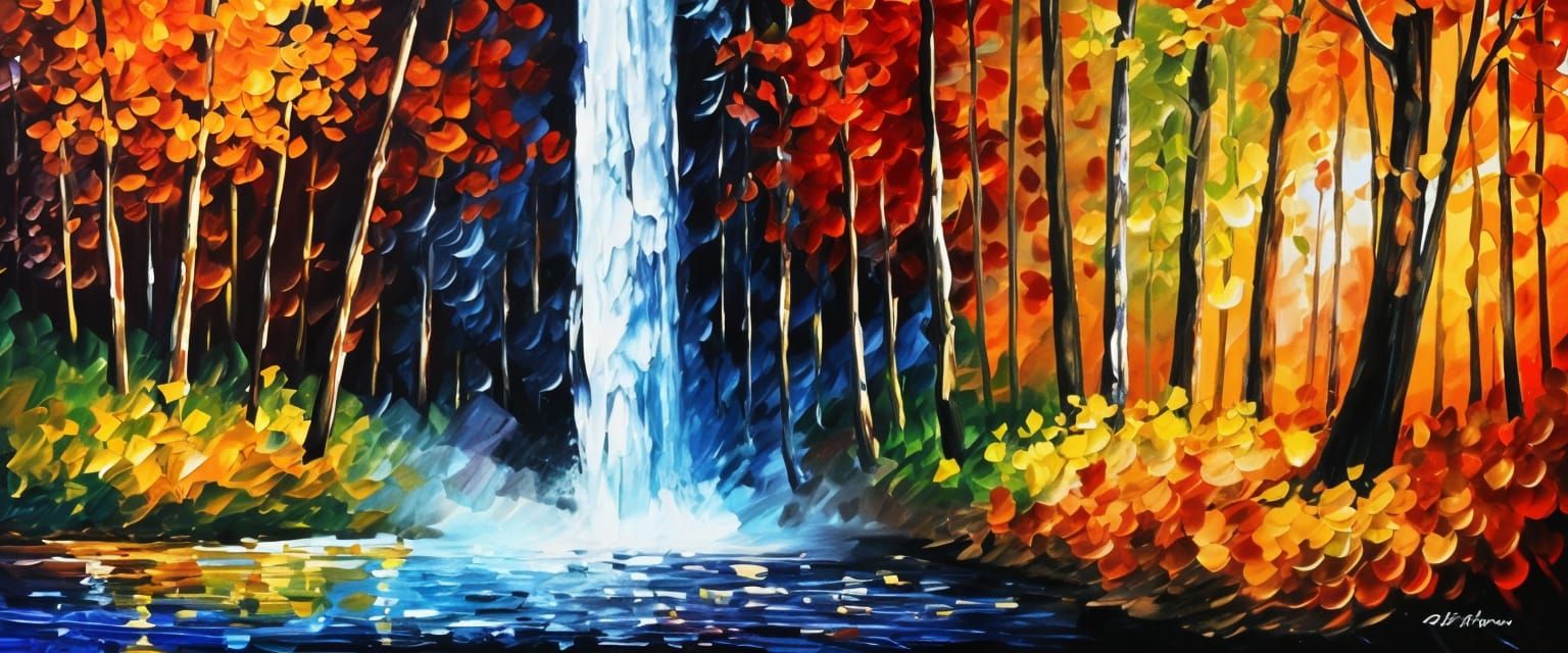 Autumn Waterfall in Woods, Leonid Afremov Style
