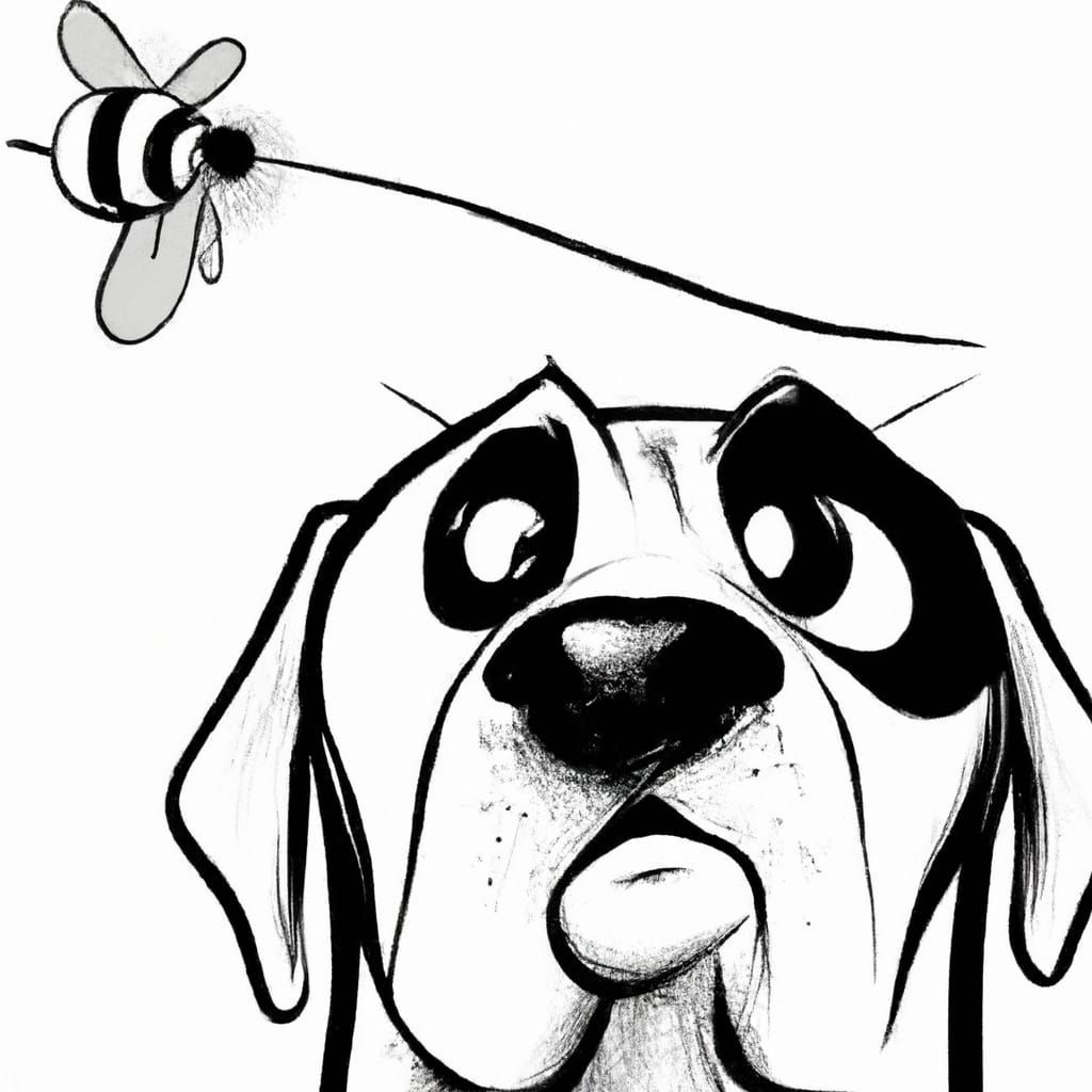 A black and white cartoon dog stares somewhat cross-eyed at a bee that is on its nose Mark Brooks and Dan Mumford, comic...
