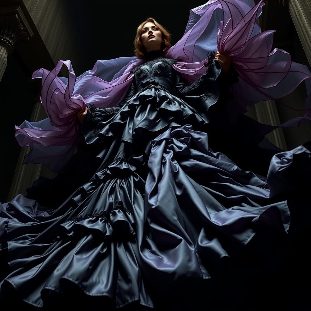 A low-angle, dutch angle composition with a sense of unease,...