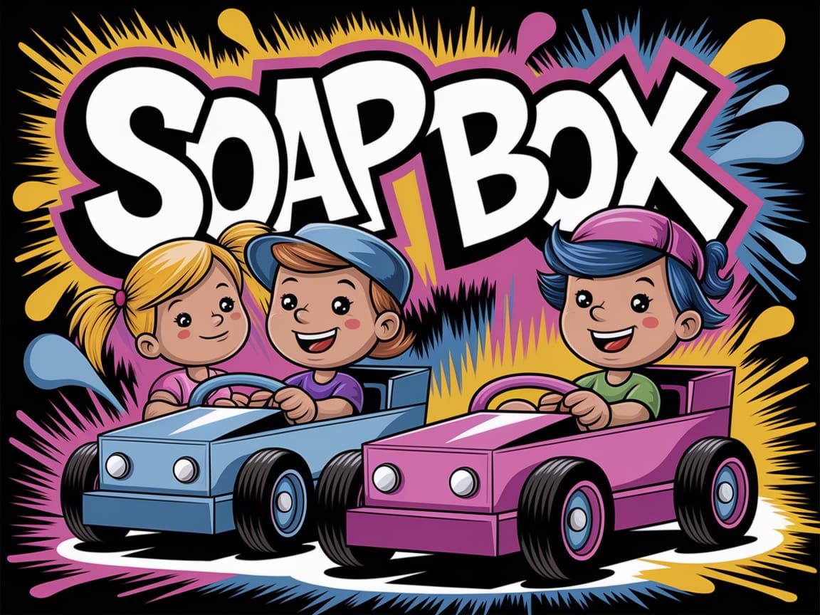 Cartoon Kids Soap Box Derby in Graffiti Art Style