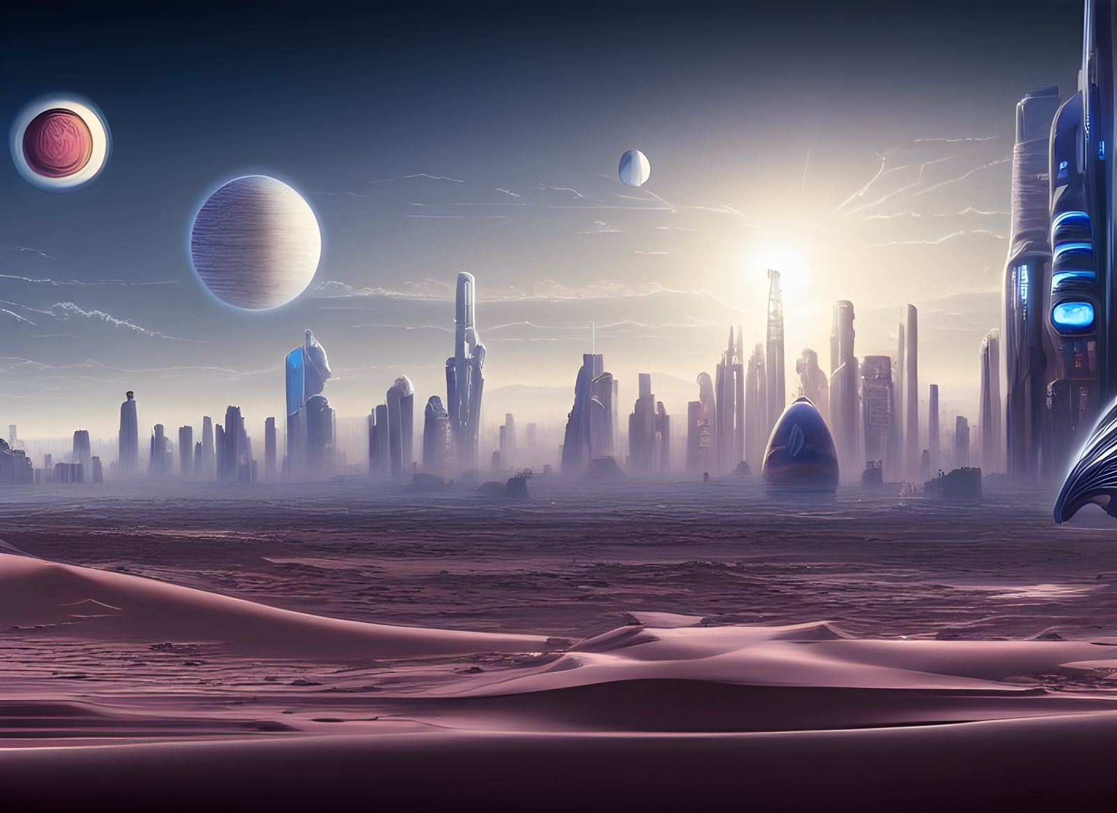Futuristic Desert City with Rising Planet, Art Nouveau