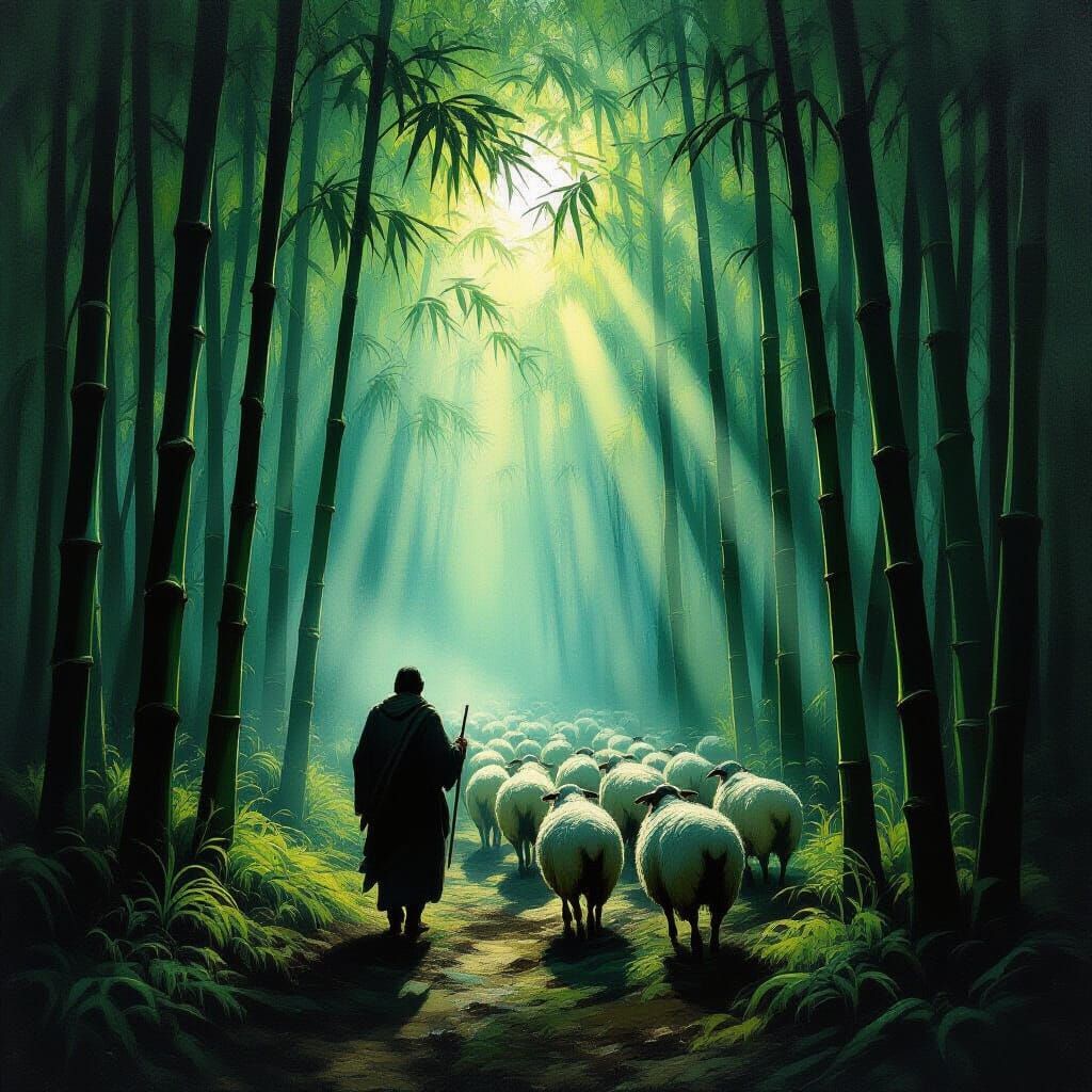 Shepherd and Flock in Ancient Bamboo Forest