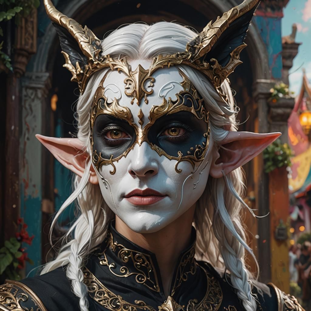 Elf God with Comedy Tragedy Mask in Hyperrealism