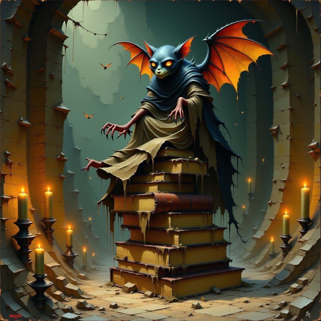 Gremlin in Hidden Library, Dark Fantasy Digital Painting