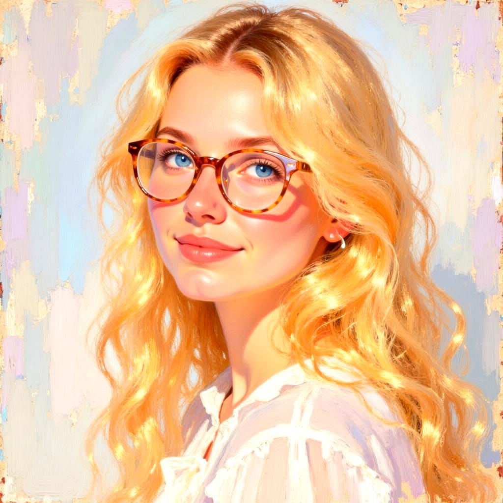 Impressionistic Oil Portrait of Smiling Blond Woman with Gla...