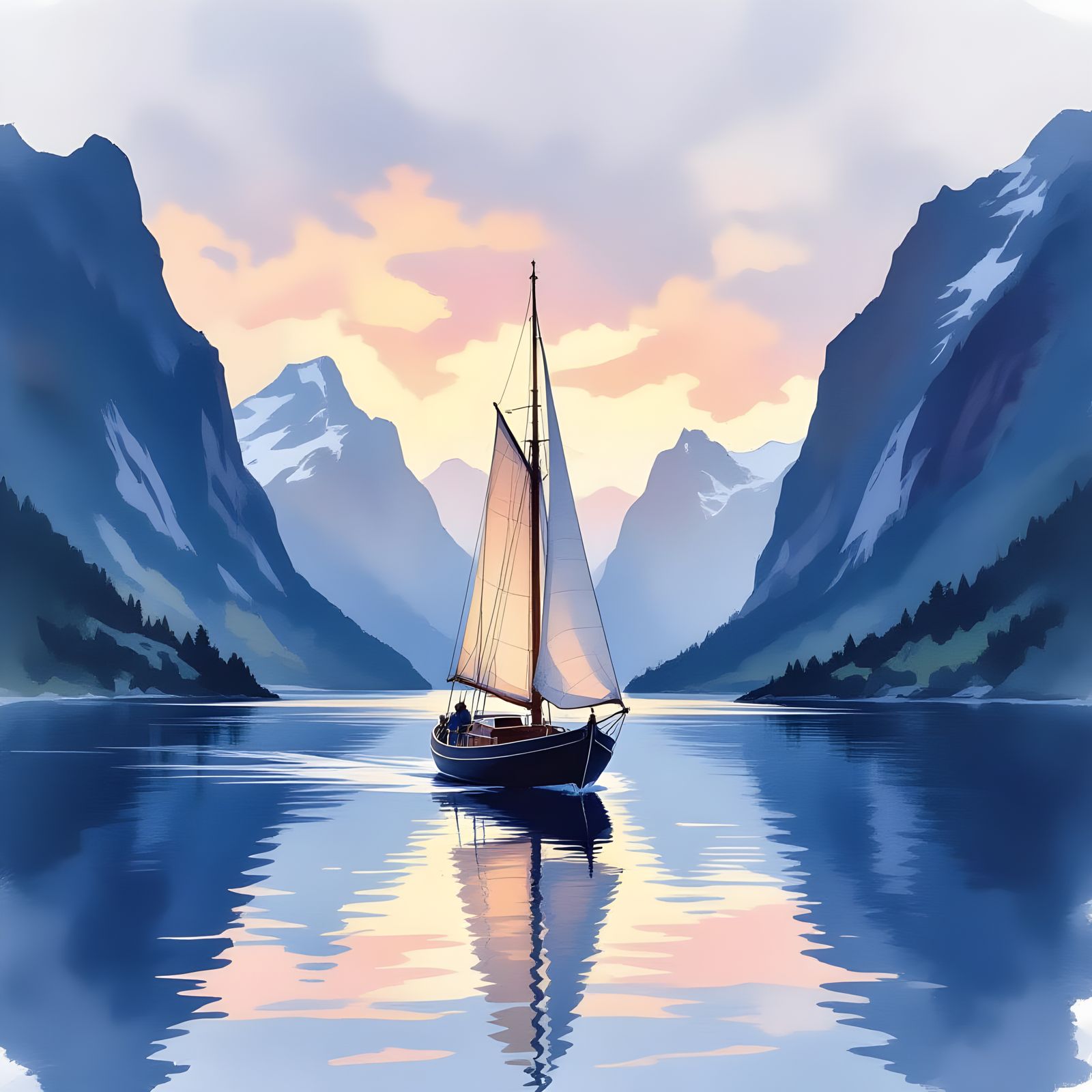 Sailboat Navigates Fjord at Twilight in Watercolor Style
