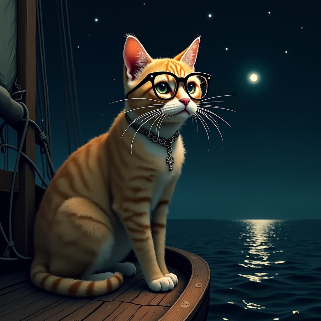 Cat on Sailboat at Night in Dreamlike Illustration