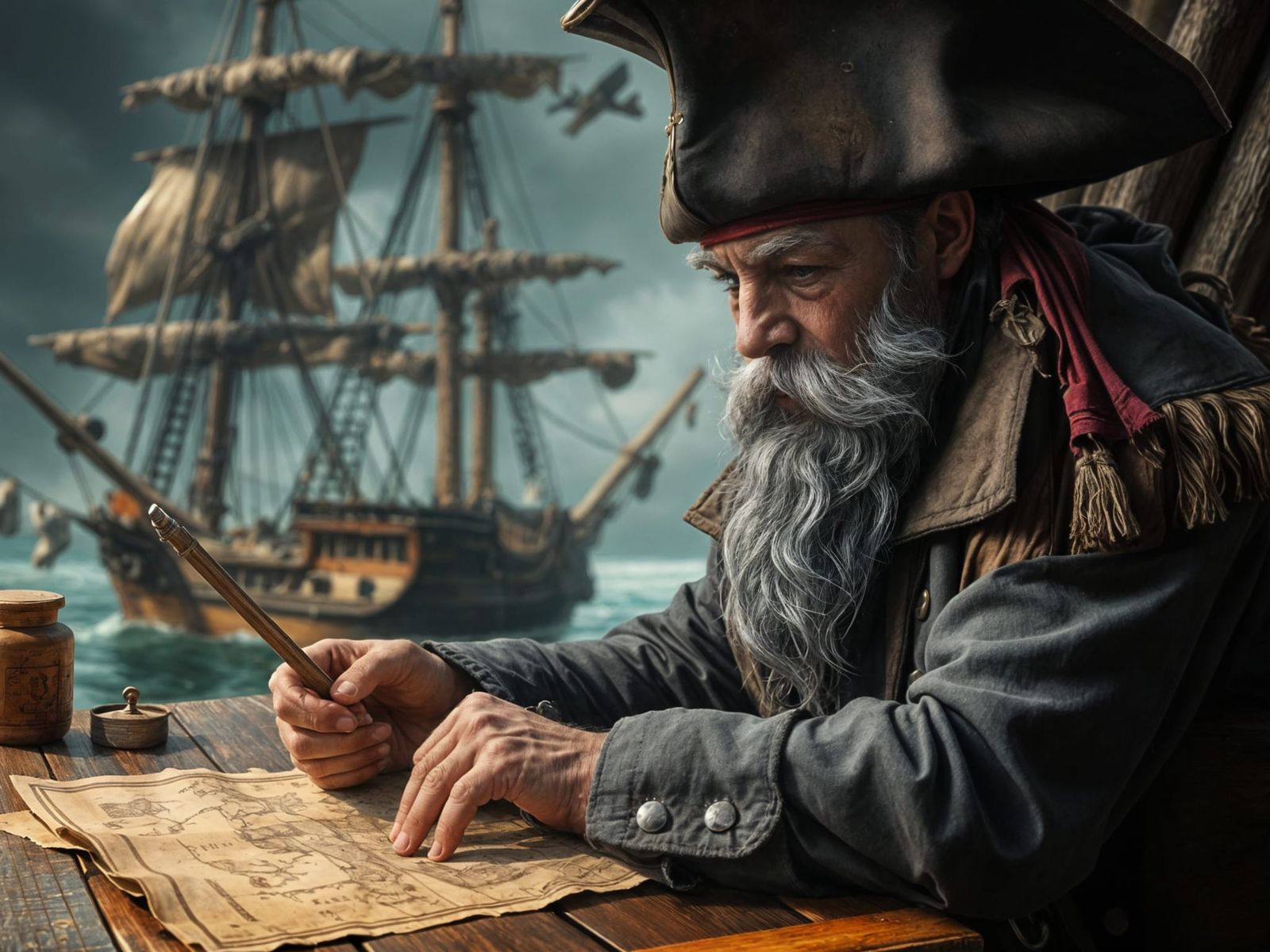 Old Pirate Contemplates Map at Wooden Table