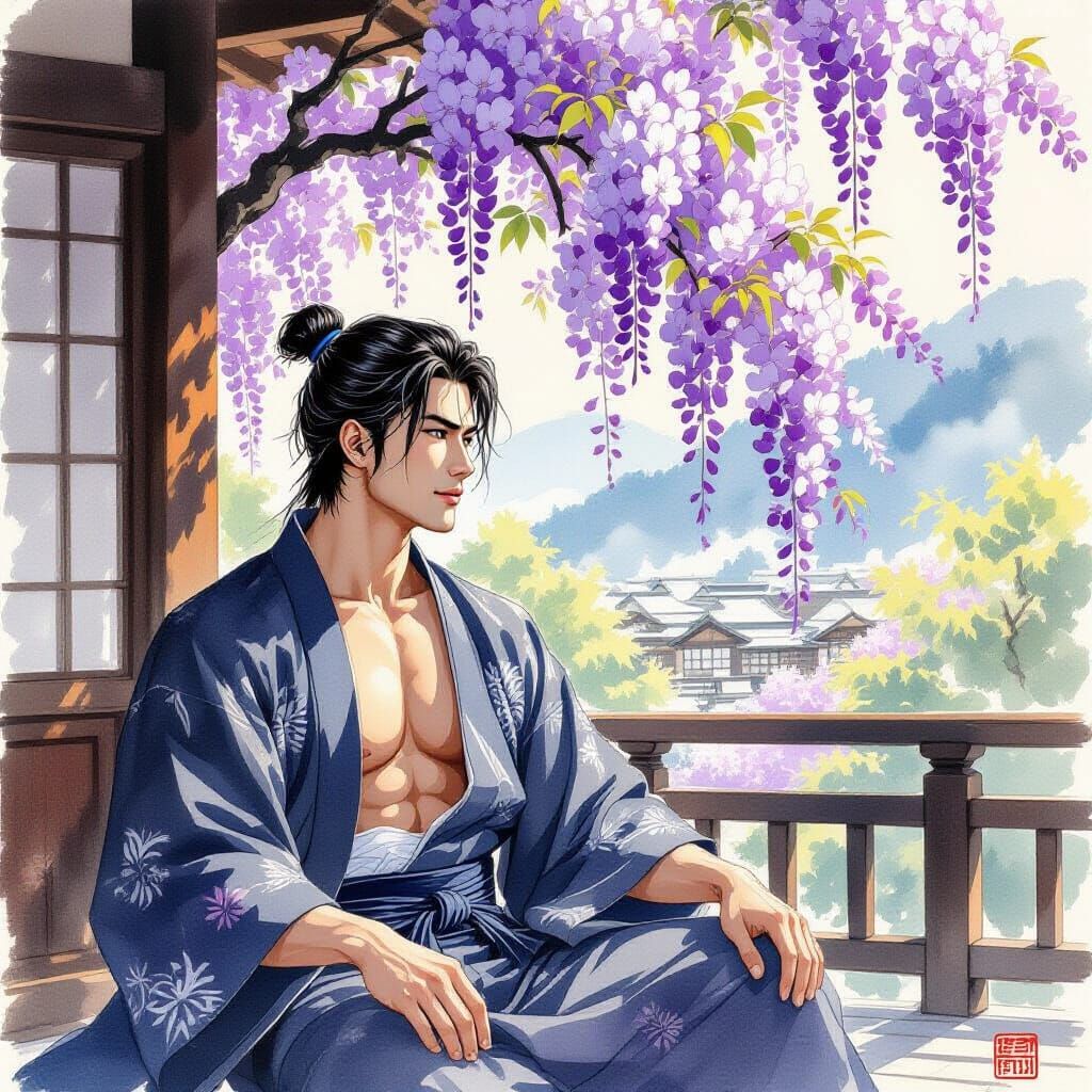 Gorgeous Japanese Male with Wisteria in Ukiyo-e Style