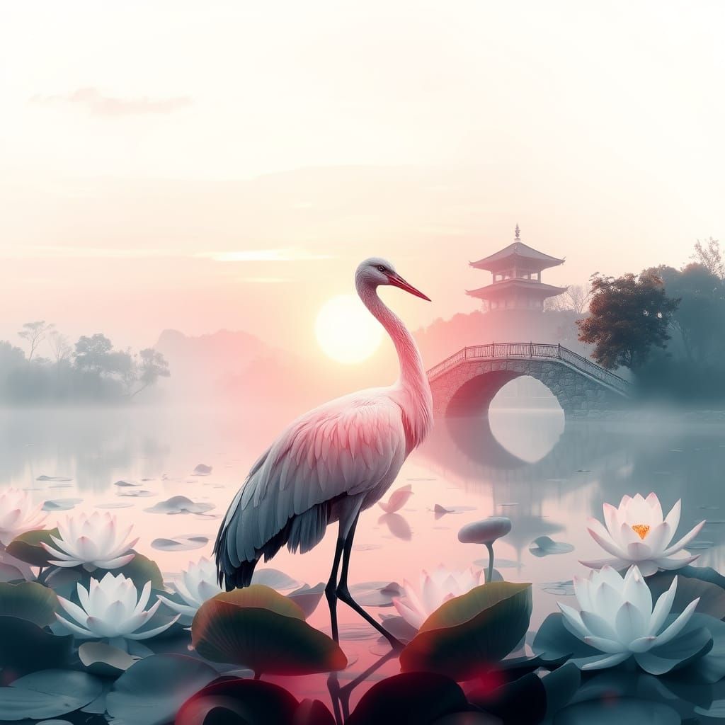Ethereal Crane Amidst Sunrise Hues