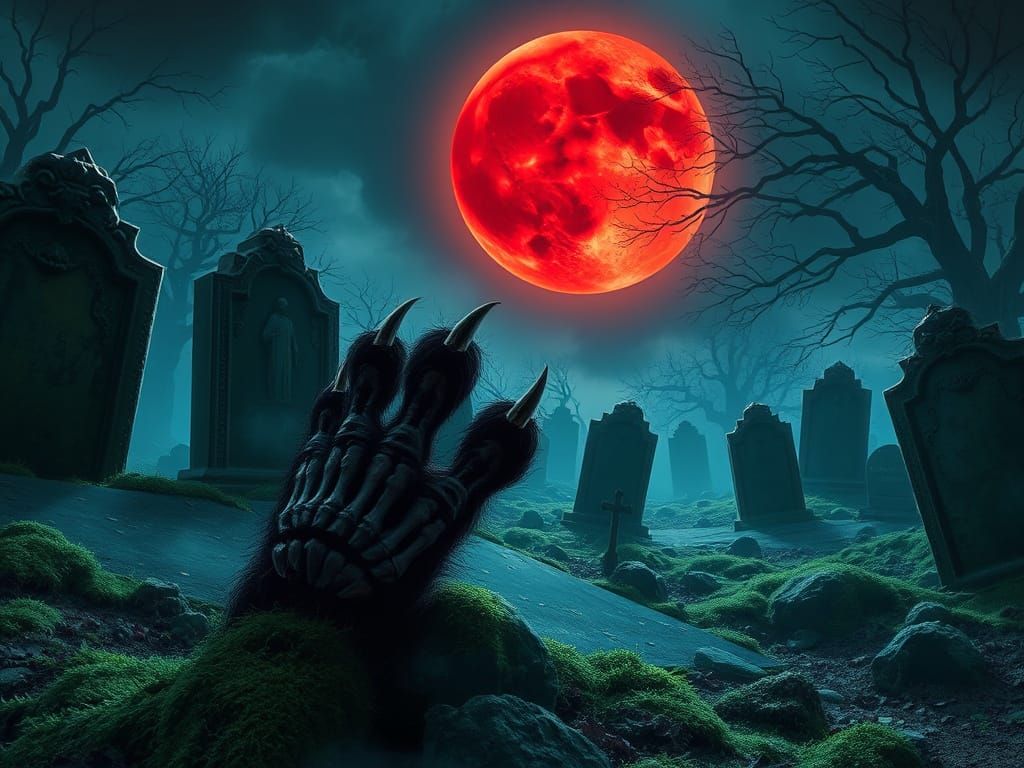 Graveyard at Night with Cat Paw in Gothic Horror Style