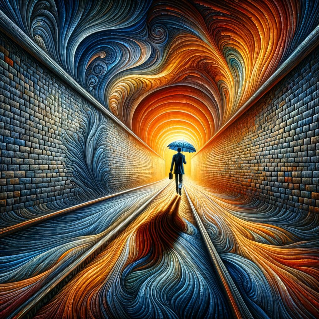 Surreal Figure Walking Toward Light in Tunnel