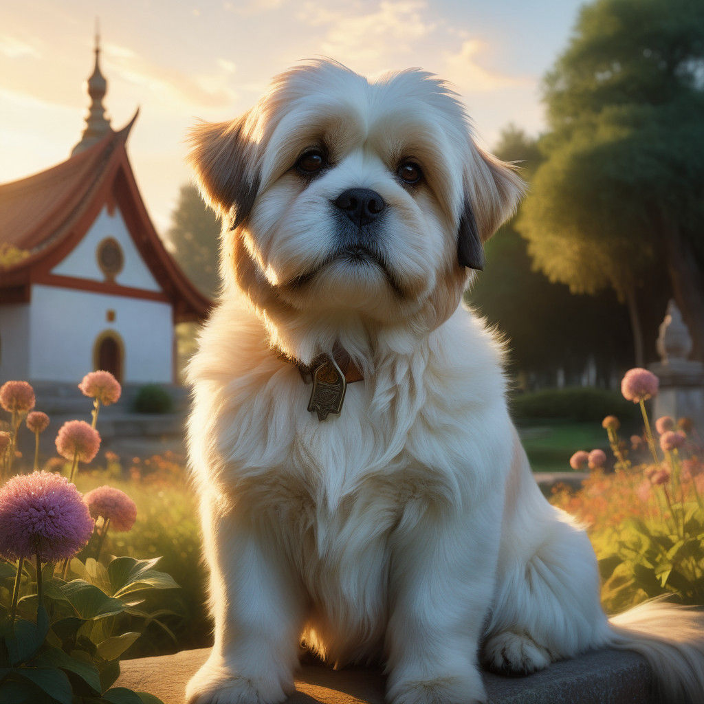 Serene Lhasa Apso in Idyllic Monastery Garden