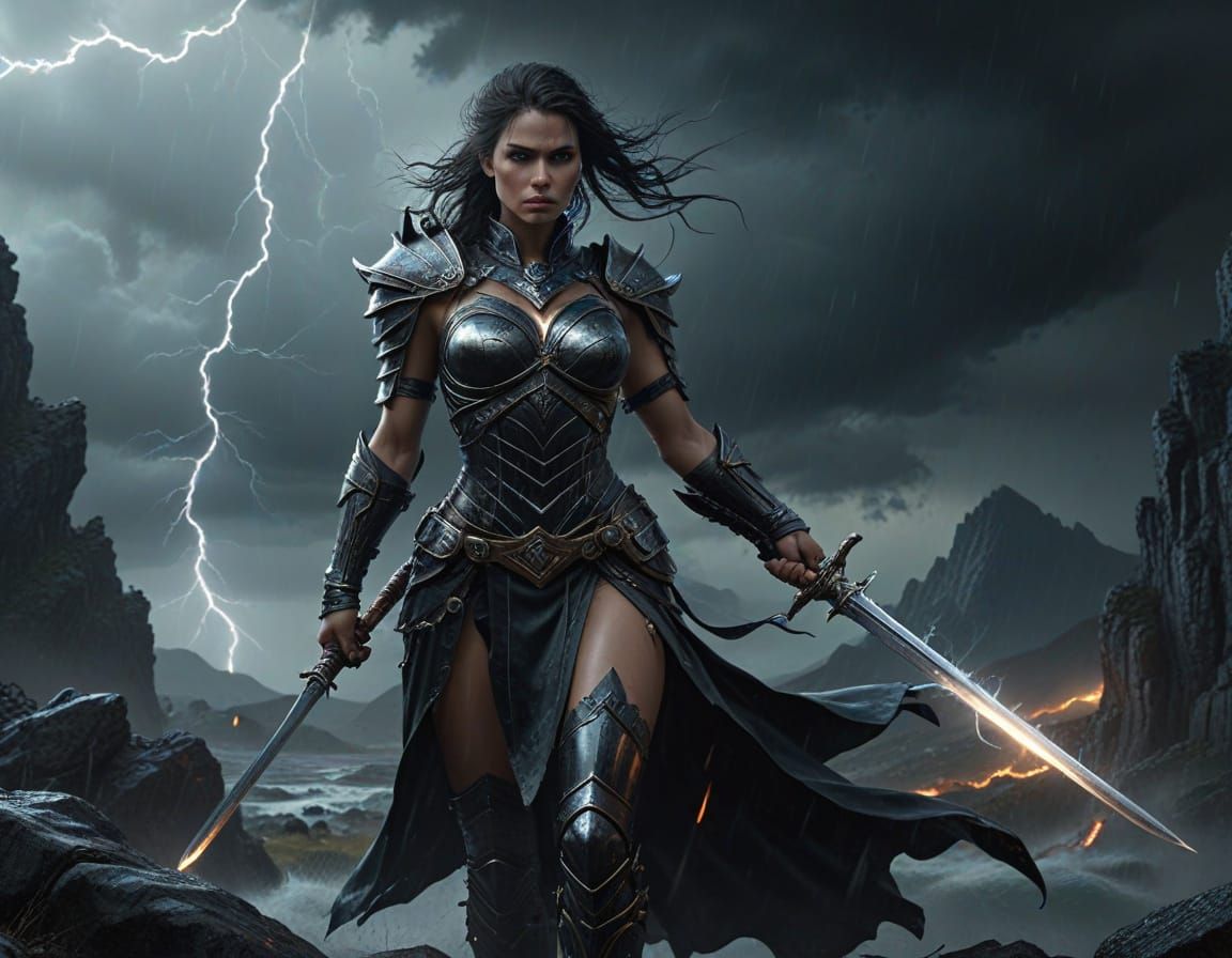 Majestic Dark Fantasy Warrior Goddess in Epic Stormy Landsca...
