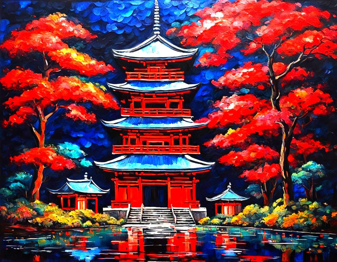 Japanese Temple at Midnight in Expressionist Style
