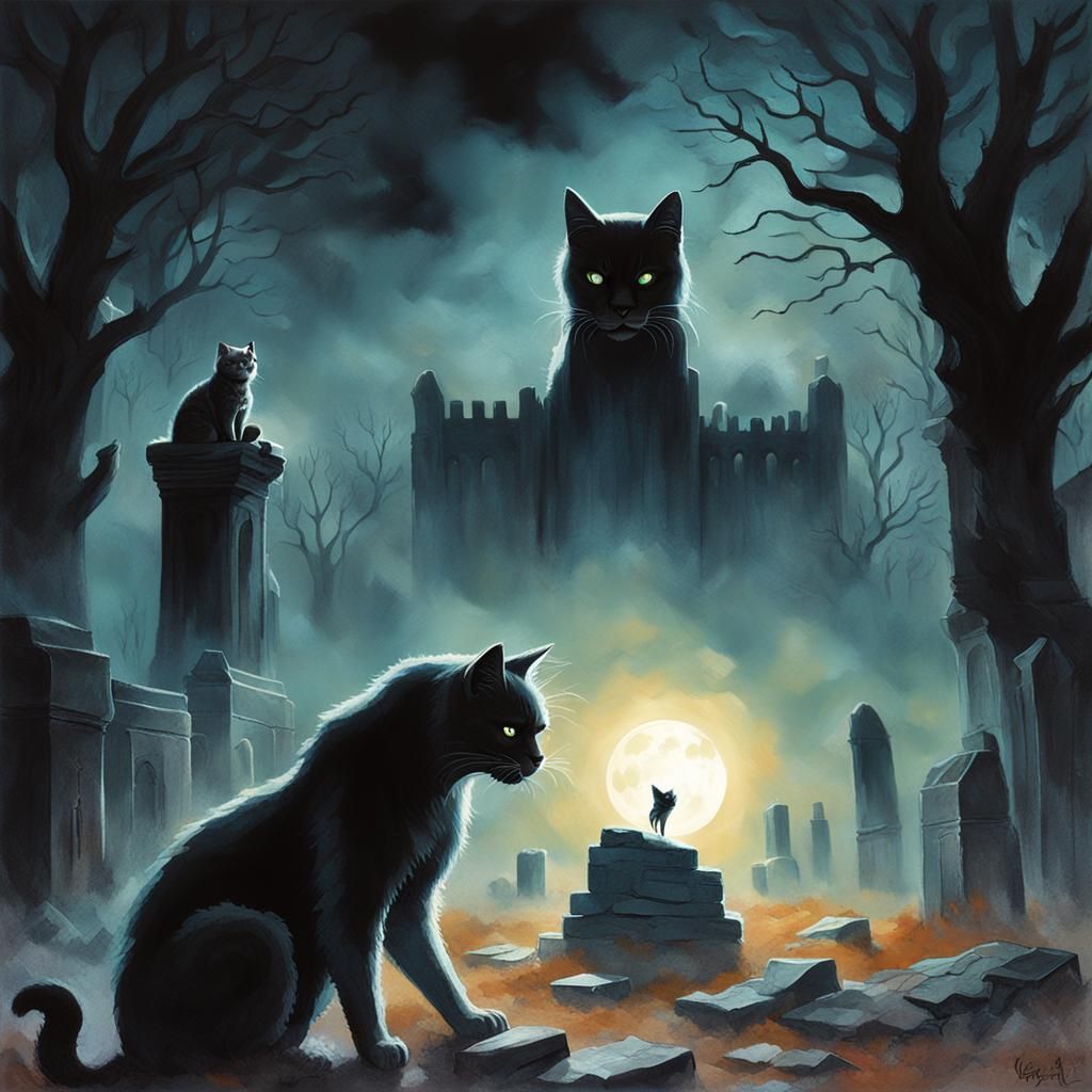 Ghost Cat in Graveyard: Surrealist Horror Art