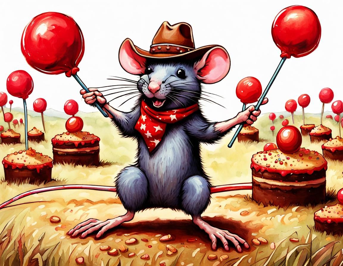 Rat Cowboy Rides Lollipop Through Cake Field