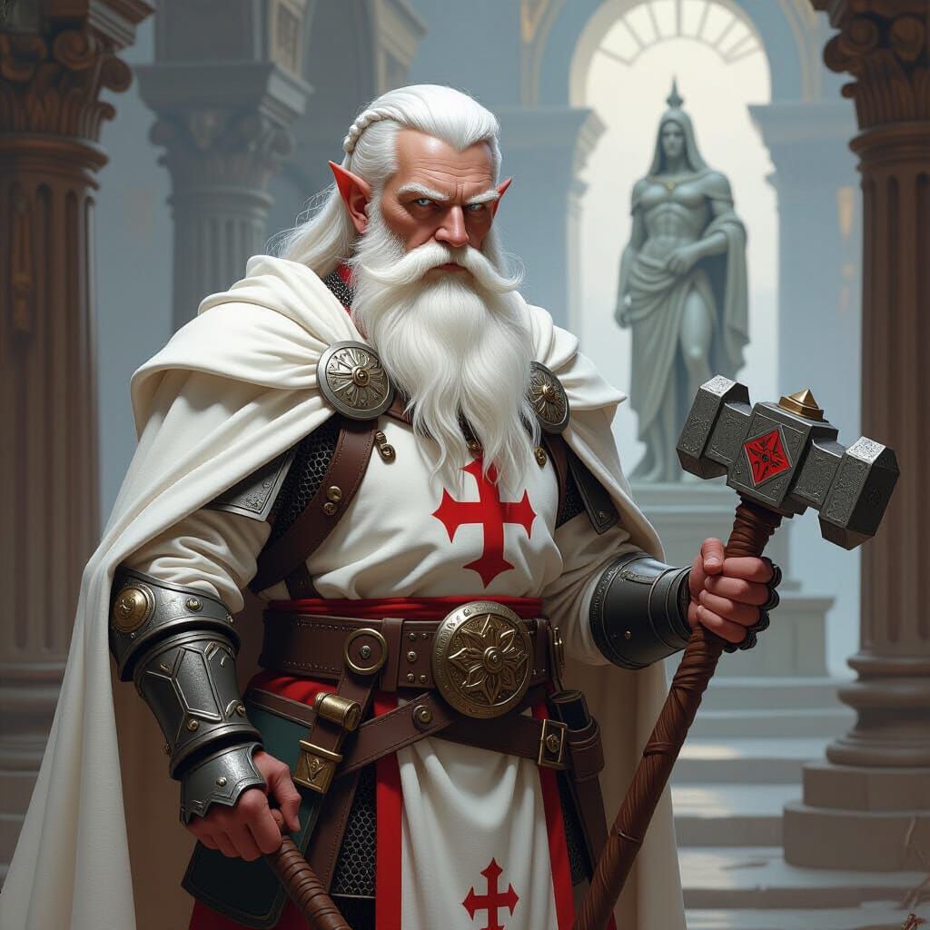 Dwarf Paladin Admiring Tyr Statue in Grand Temple