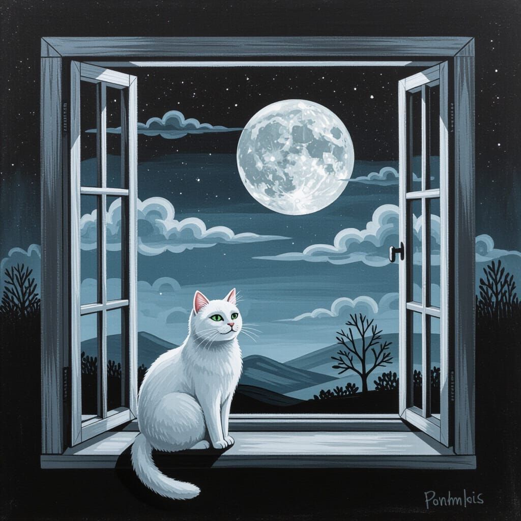 White Cat on the Moon in Chalk Strokes