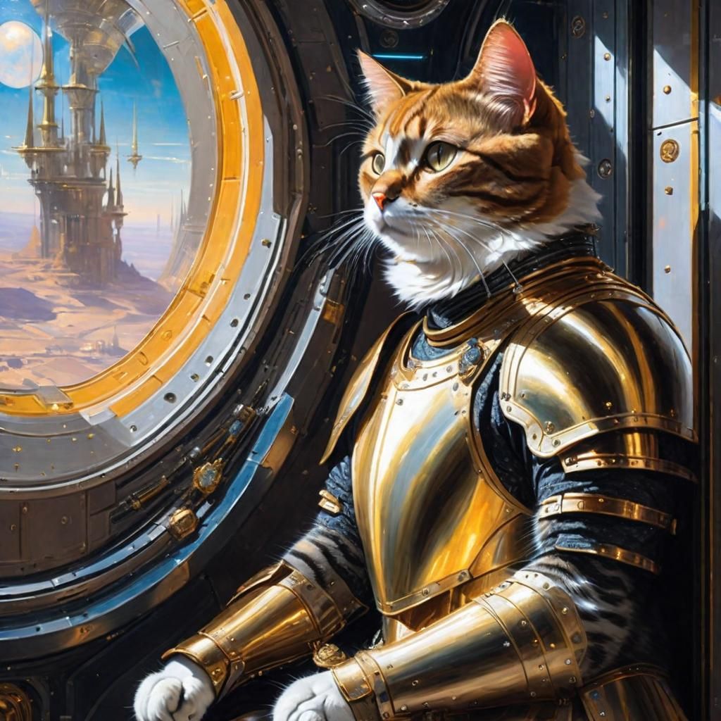 Medieval Cat Knight in Sci-Fi Space Station