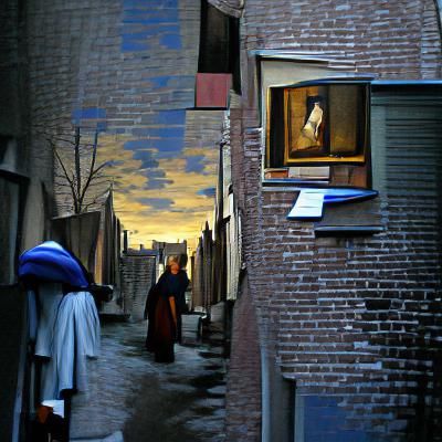 City Alley at Dusk in Vermeer Style
