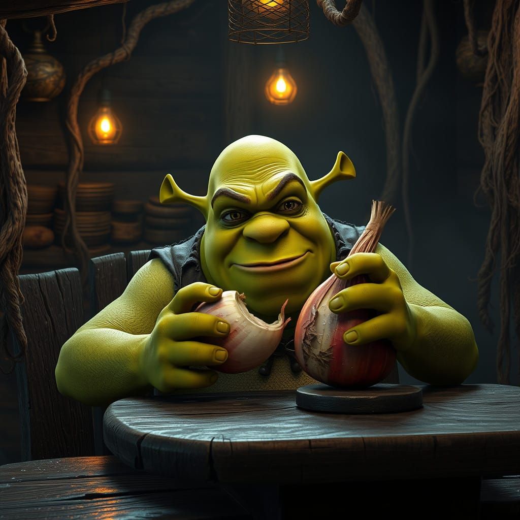 Ogre Devours Juicy Onion in Cozy Swamp Abode