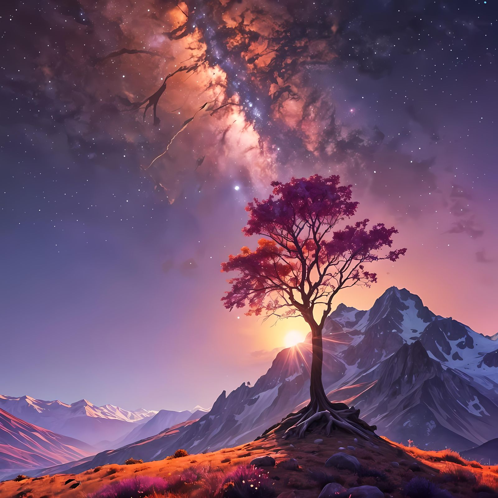 Cosmic Sunset Mountain View with Lonely Tree