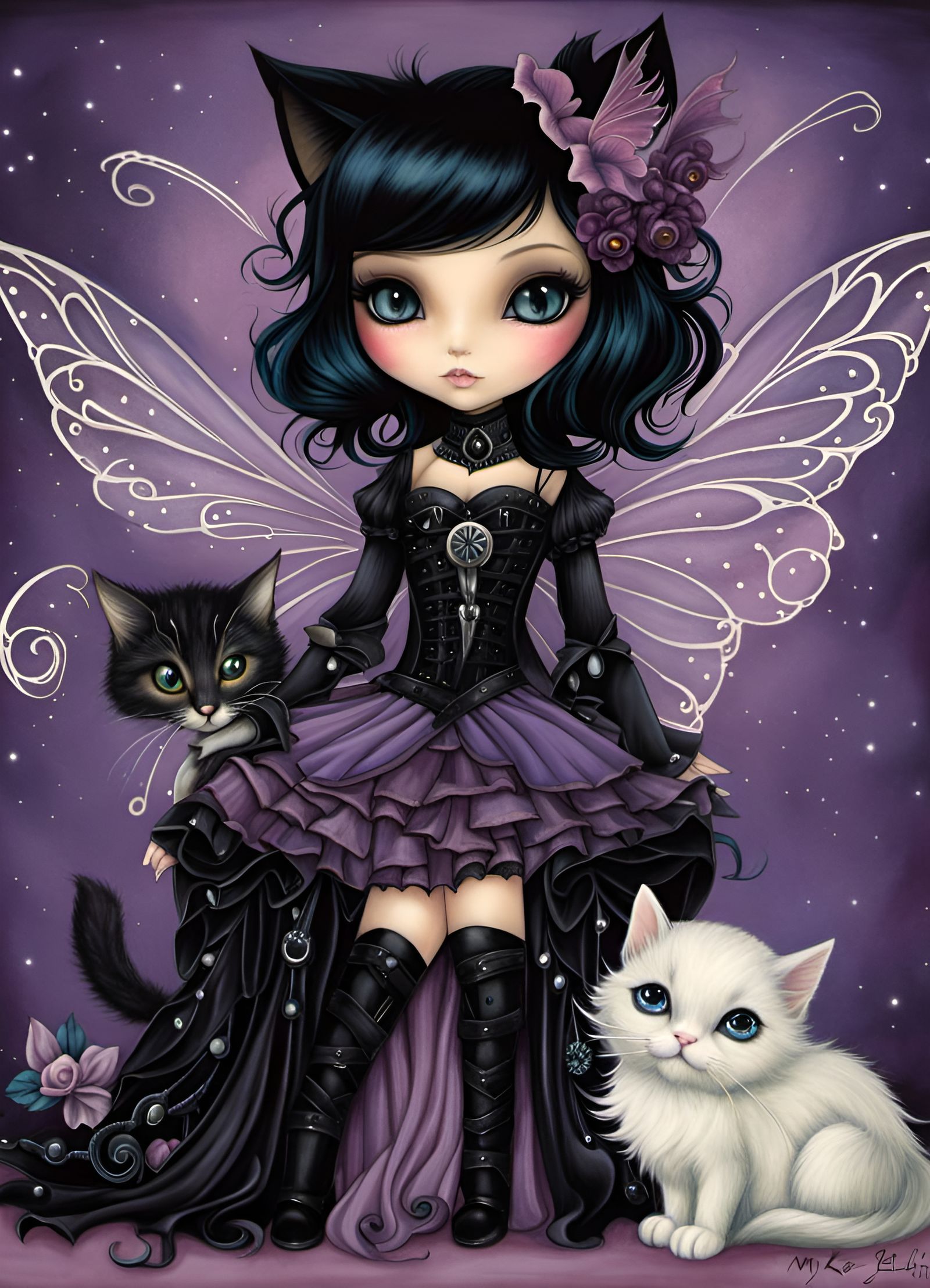 Gothic Cat Fairy in Studio Ghibli Style