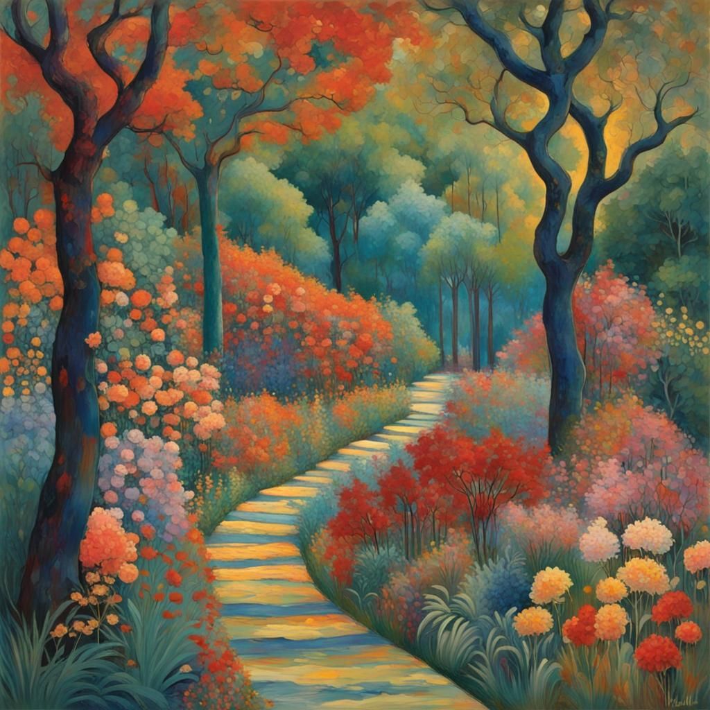 Dreamlike Landscape with Radiant Flora in Impasto Style