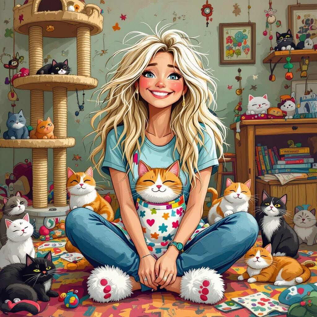 Whimsical Cat Lady Surrounded by Cats