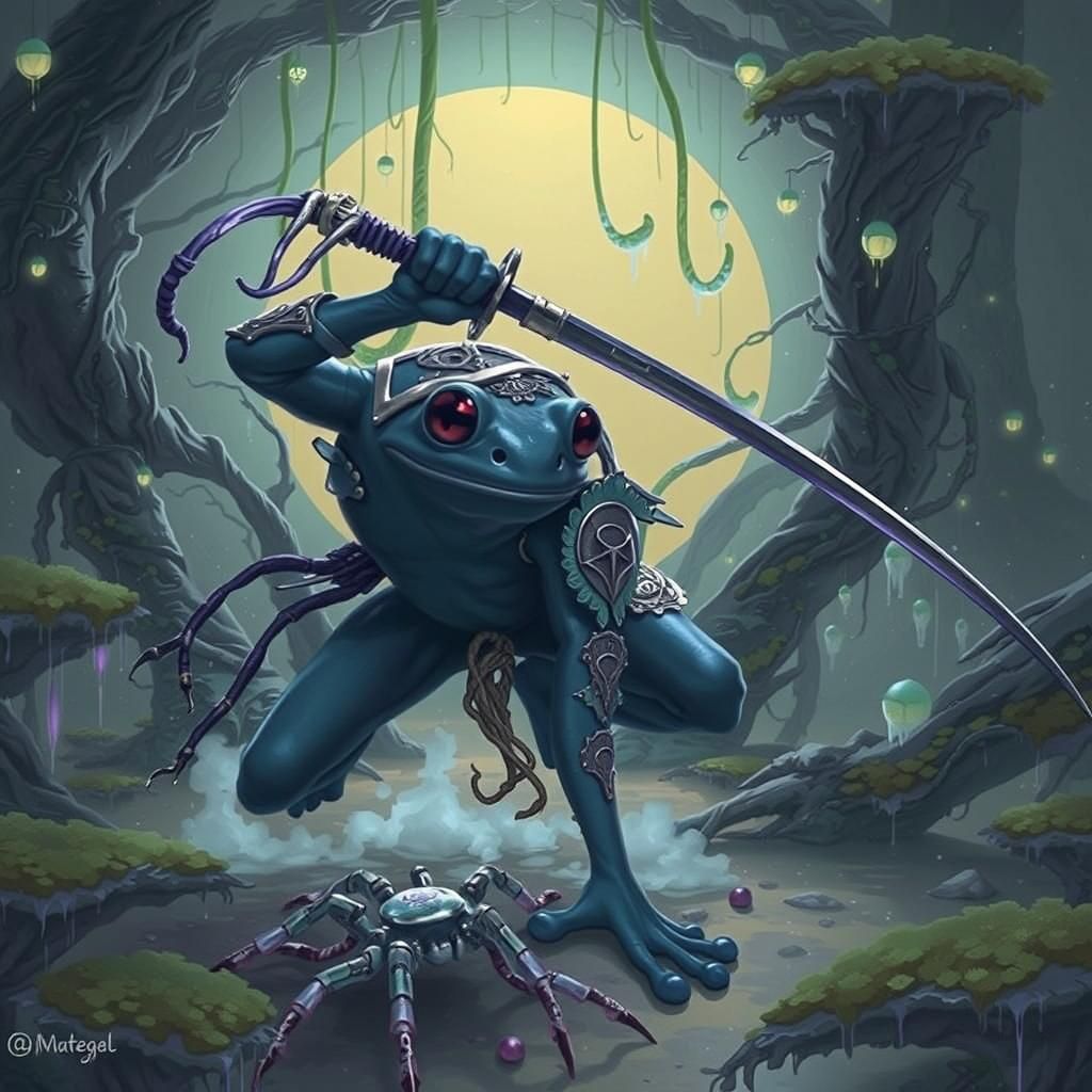 Neon Jungle Samurai Frog in a Mystical Battle