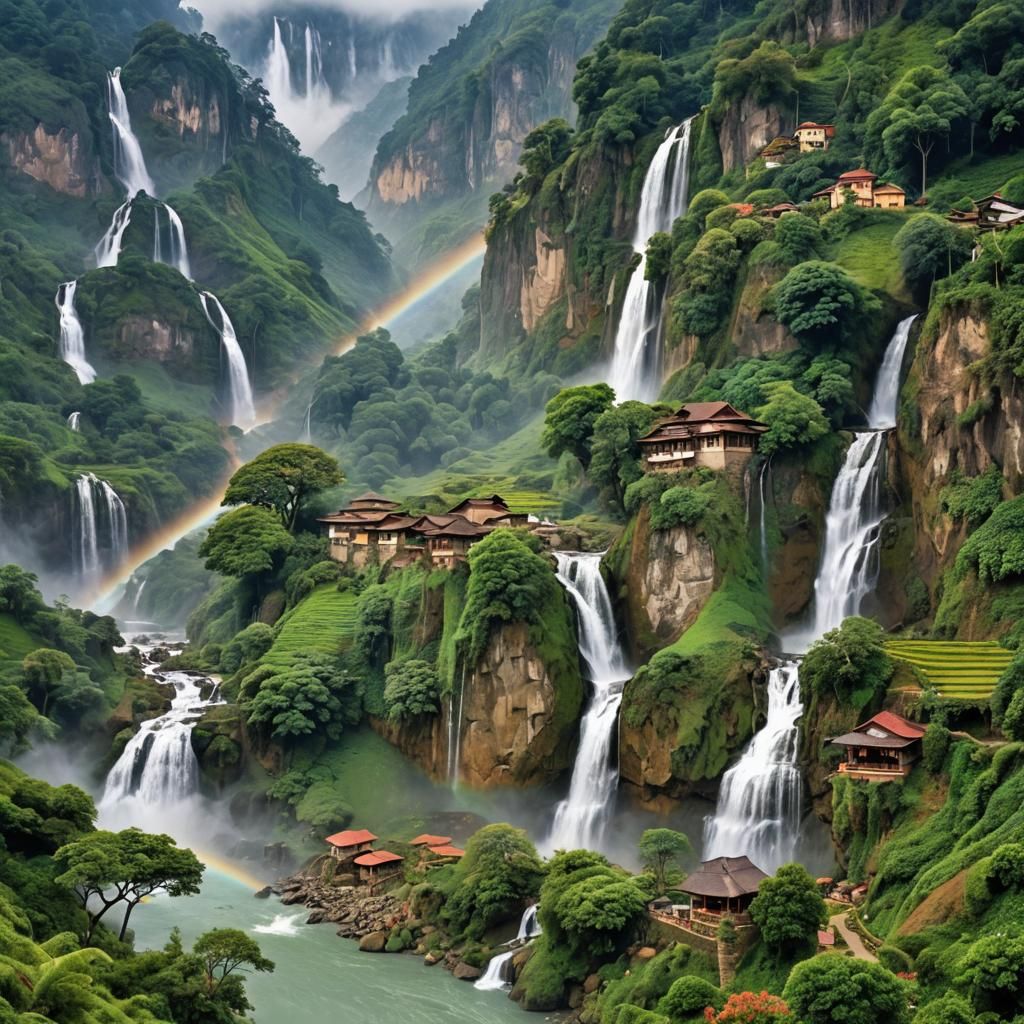 Majestic Mountains and Peaceful Village in Matte Painting